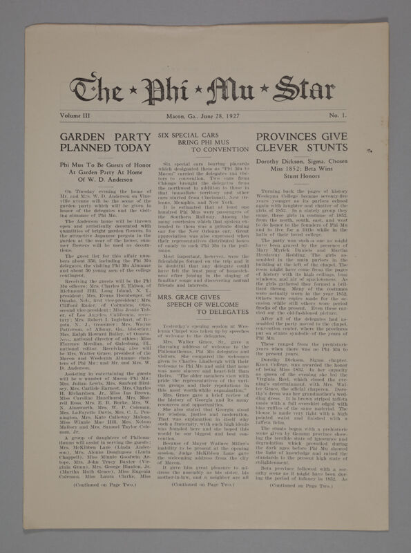 The Phi Mu Star, Vol. 3, No. 1, June 28, 1927 (Image)
