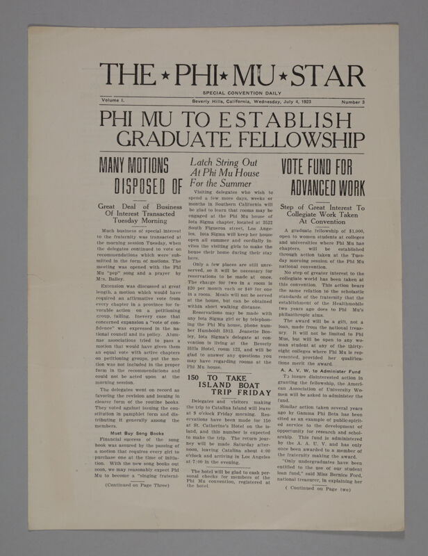 The Phi Mu Star, Vol. 1, No. 3, July 4, 1923 (Image)