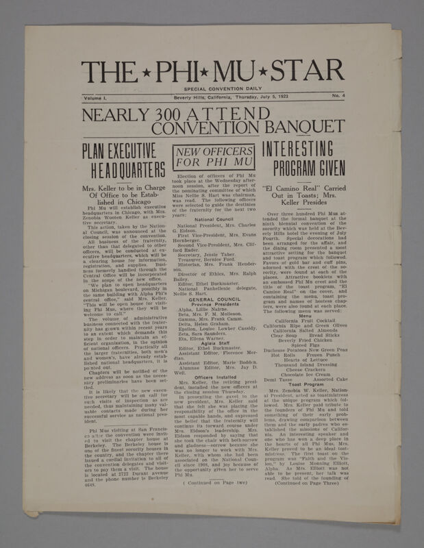 The Phi Mu Star, Vol. 1, No. 4, July 5, 1923 (Image)
