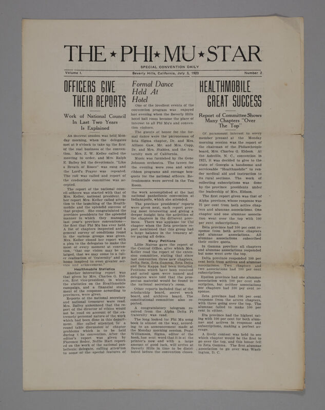 The Phi Mu Star, Vol. 1, No. 2, July 3, 1923 (Image)