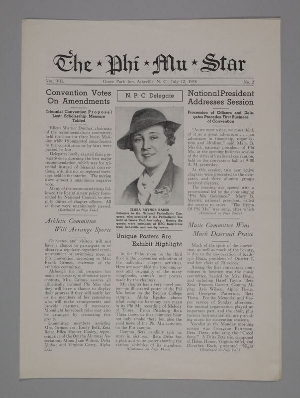 The Phi Mu Star, Vol. 7, No. 2, July 12, 1938 (Image)