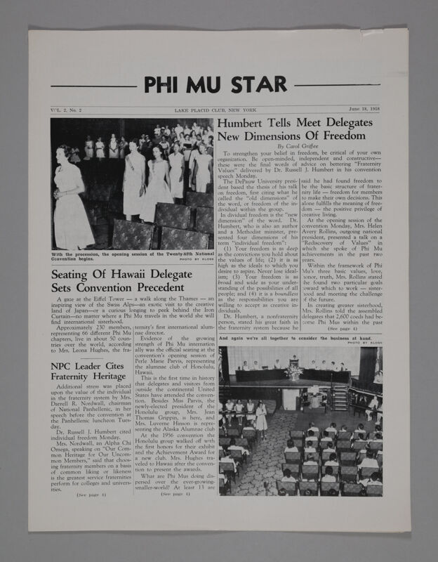 Phi Mu Star, Vol. 2, No. 2, June 18, 1958 (Image)