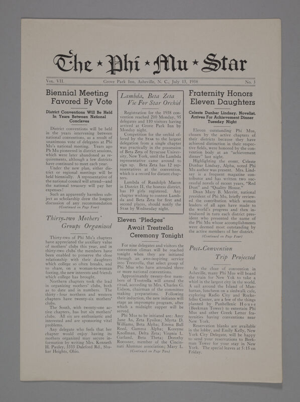 The Phi Mu Star, Vol. 7, No. 3, July 13, 1938 (Image)