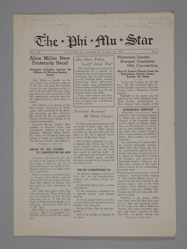 The Phi Mu Star, Vol. 7, No. 4, July 14, 1938 (Image)