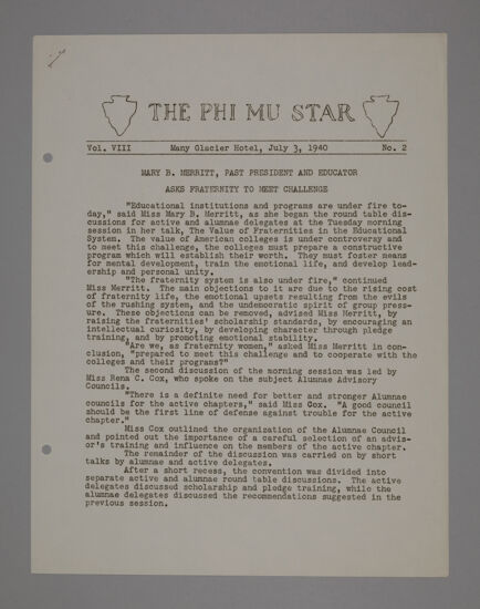 The Phi Mu Star, Vol. 8, No. 2, July 3, 1940 (Image)