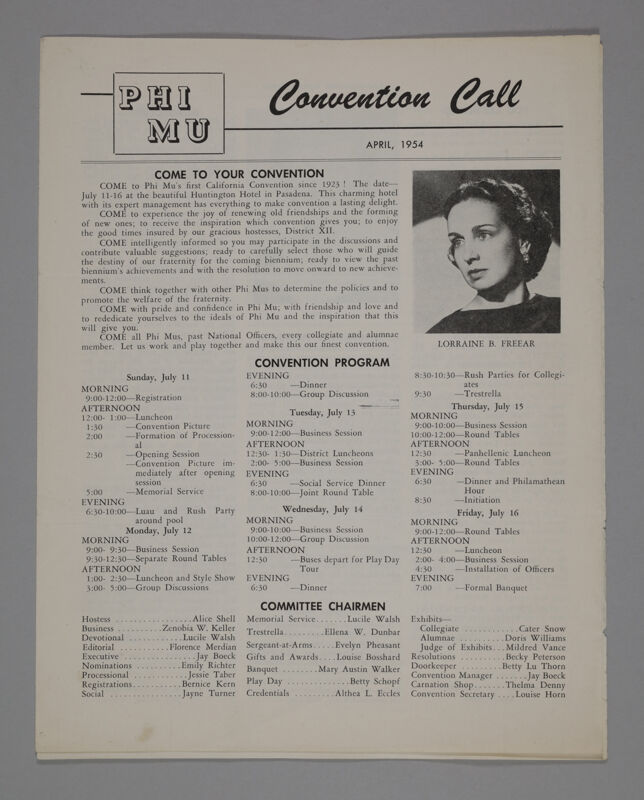 April 1954 Phi Mu Convention Call Image