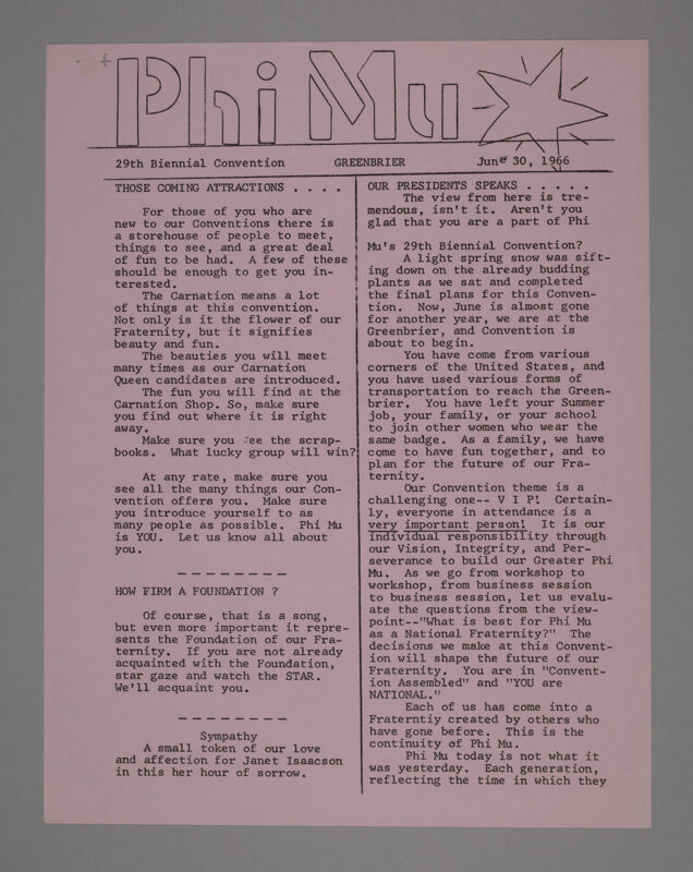 Phi Mu 29th Biennial Convention, June 30, 1966 (Image)