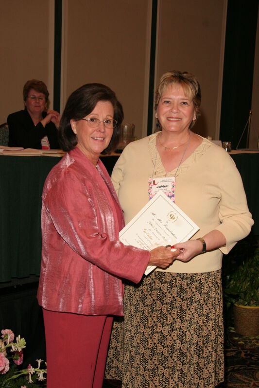 Shellye McCarty and JoNell Ault With Certificate at Friday Convention Session Photograph, July 14, 2006 (Image)