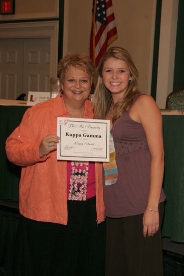 Kathy Williams and Kappa Gamma Chapter Member With Legacy Award at Friday Convention Session Photograph, July 14, 2006 (image)