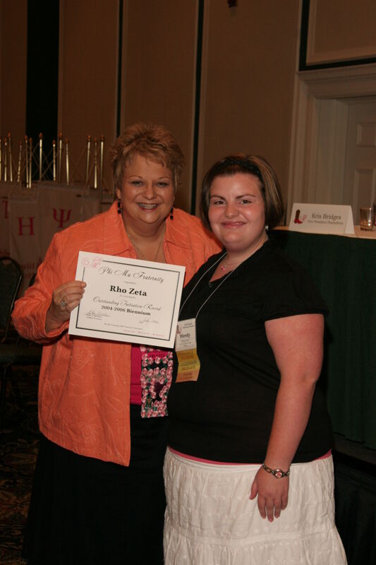Kathy Williams and Rho Zeta Chapter Member With Certificate at Friday Convention Session Photograph, July 14, 2006 (Image)