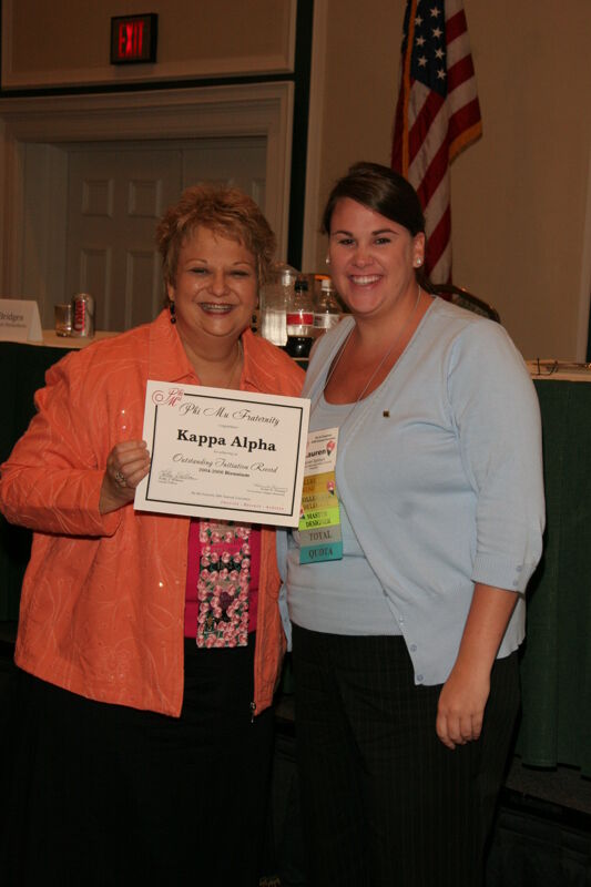 Kathy Williams and Kappa Alpha Chapter Member With Certificate at Friday Convention Session Photograph, July 14, 2006 (Image)
