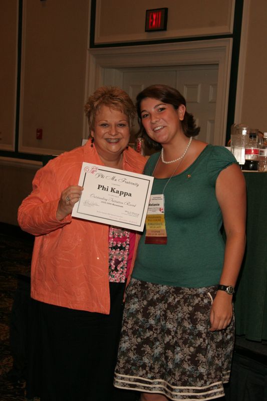 July 14 Kathy Williams and Phi Kappa Chapter Member With Certificate at Friday Convention Session Photograph Image