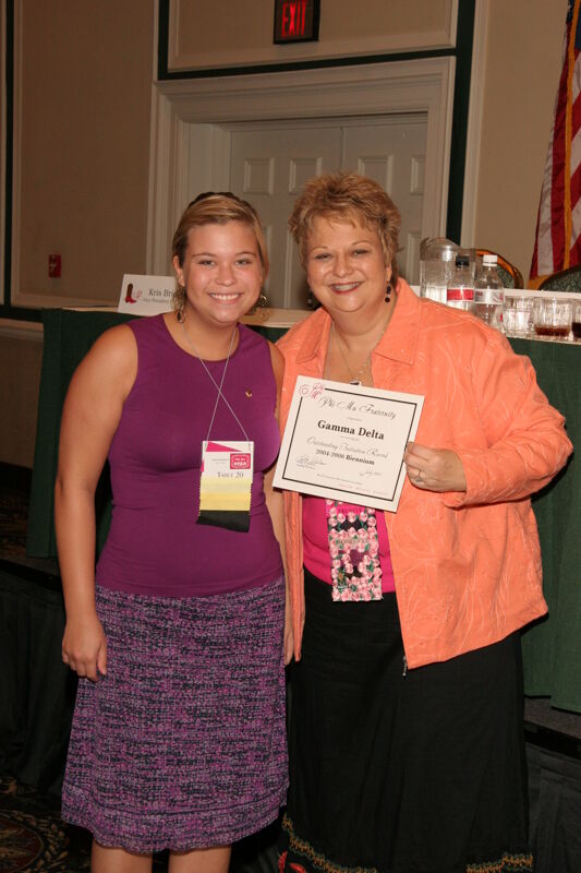Kathy Williams and Gamma Delta Chapter Member With Certificate at Friday Convention Session Photograph 1, July 14, 2006 (Image)
