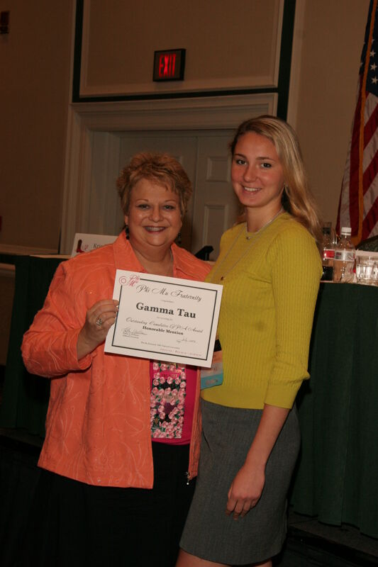 July 14 Kathy Williams and Gamma Tau Chapter Member With Certificate at Friday Convention Session Photograph 2 Image