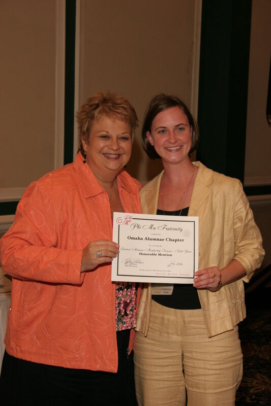Kathy Williams and Omaha Alumnae Chapter Member With Certificate at Friday Convention Session Photograph 2, July 14, 2006 (Image)