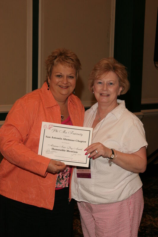 Kathy Williams and San Antonio Alumnae Chapter Member With Certificate at Friday Convention Session Photograph 1, July 14, 2006 (Image)