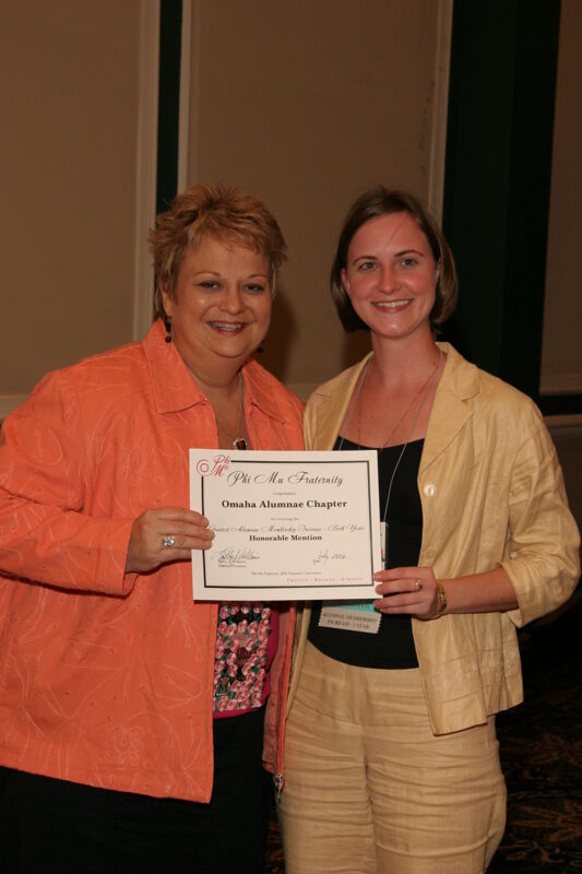 July 14 Kathy Williams and Omaha Alumnae Chapter Member With Certificate at Friday Convention Session Photograph 1 Image