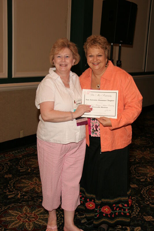 July 14 Kathy Williams and San Antonio Alumnae Chapter Member With Certificate at Friday Convention Session Photograph 2 Image