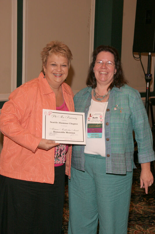 Kathy Williams and Seattle Alumnae Chapter Member With Certificate at Friday Convention Session Photograph, July 14, 2006 (Image)