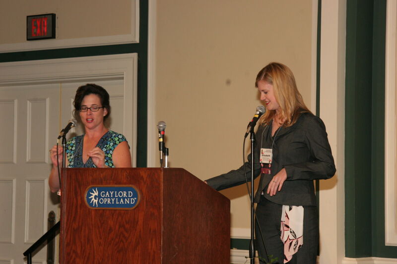 Mary Helen Griffis and Elizabeth Stevens Speaking at Friday Convention Session Photograph 2, July 14, 2006 (Image)