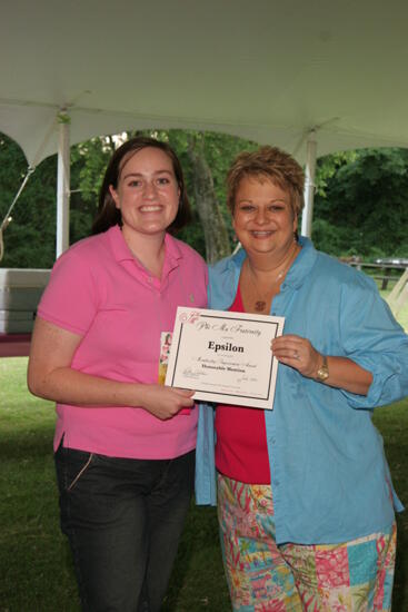 Kathy Williams and Epsilon Chapter Member With Certificate at Convention Outdoor Luncheon Photograph, July 2006 (image)