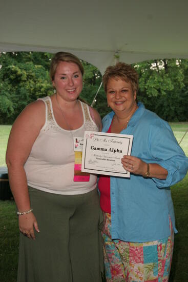 Kathy Williams and Gamma Alpha Chapter Member With Certificate at Convention Outdoor Luncheon Photograph, July 2006 (image)