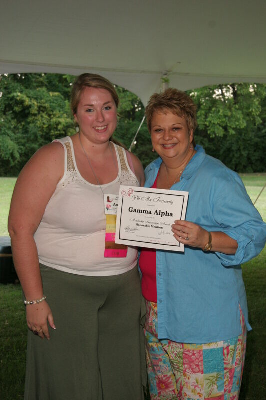 Kathy Williams and Gamma Alpha Chapter Member With Certificate at Convention Outdoor Luncheon Photograph, July 2006 (Image)