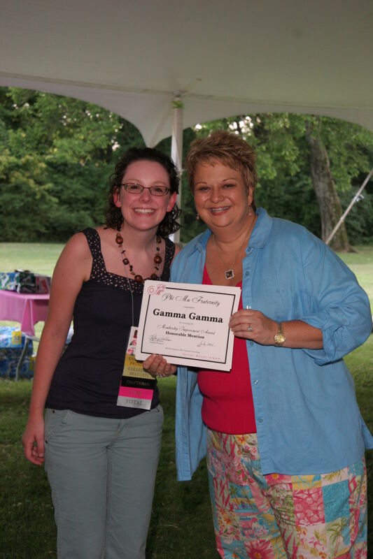 Kathy Williams and Gamma Gamma Chapter Member With Certificate at Convention Outdoor Luncheon Photograph, July 2006 (Image)