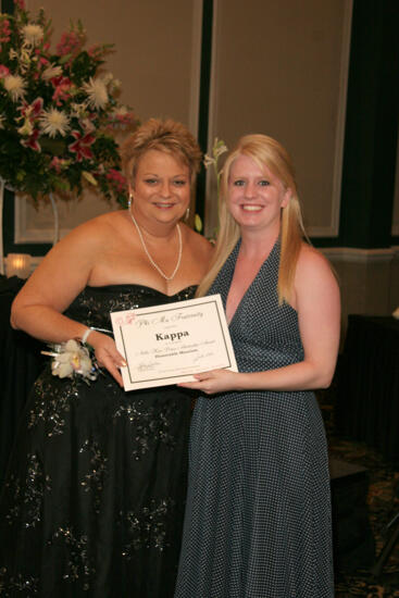 Kathy Williams and Kappa Chapter Member With Certificate at Convention Carnation Banquet Photograph, July 15, 2006 (image)