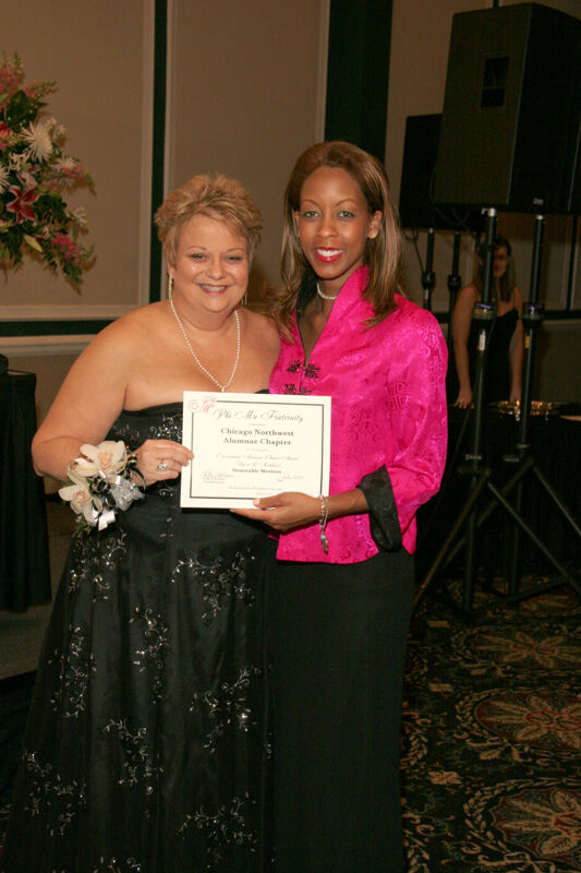 Kathy Williams and Chicago Northwest Alumna With Certificate at Convention Carnation Banquet Photograph, July 15, 2006 (Image)