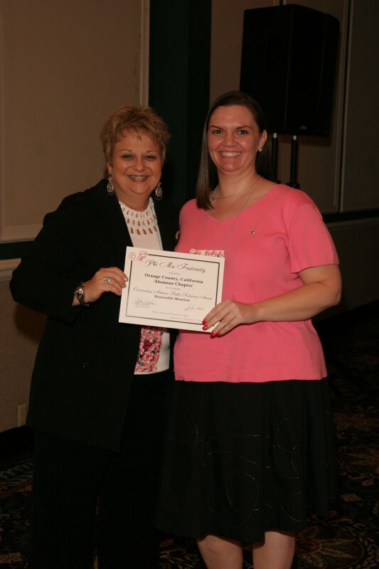 July 15 Kathy Williams and Orange County Alumna With Certificate at Convention Sisterhood Luncheon Photograph Image
