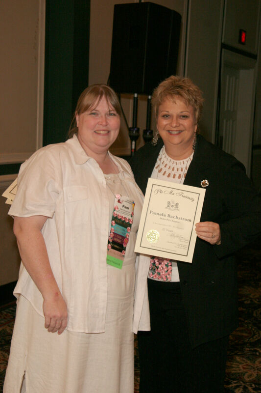 Kathy Williams and Pam Backstrom With Certificate at Convention Sisterhood Luncheon Photograph, July 15, 2006 (Image)