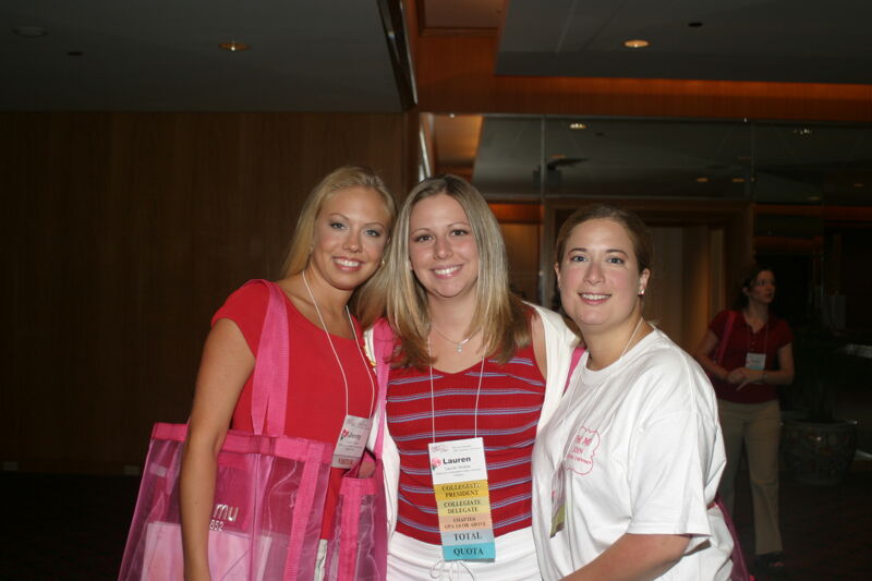 Lauren Stokes and Two Unidentified Phi Mus at Convention Photograph, July 8, 2004 (Image)