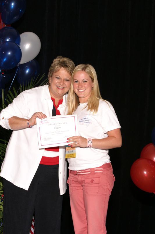 July 8 Kathy Williams and Kappa Chapter Member With Certificate at Convention Photograph Image