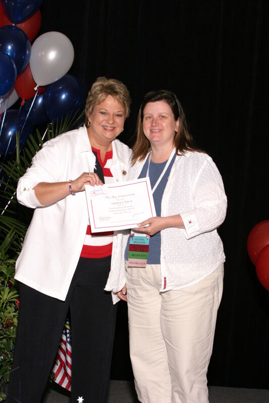 Kathy Williams and Santa Clara Alumnae Chapter Member With Certificate at Convention Photograph, July 8, 2004 (Image)