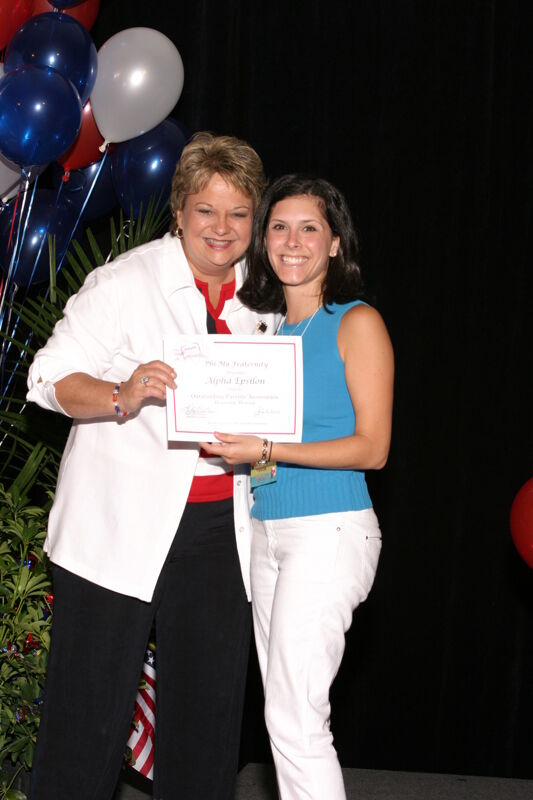 Kathy Williams and Alpha Epsilon Chapter Member With Certificate at Convention Photograph, July 8, 2004 (Image)