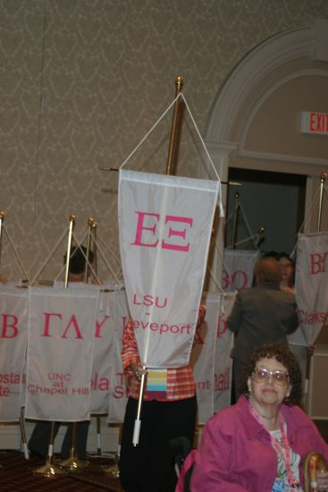 Unidentified Phi Mu With Epsilon Xi Chapter Banner in Convention Parade of Flags Photograph, July 9, 2004 (image)