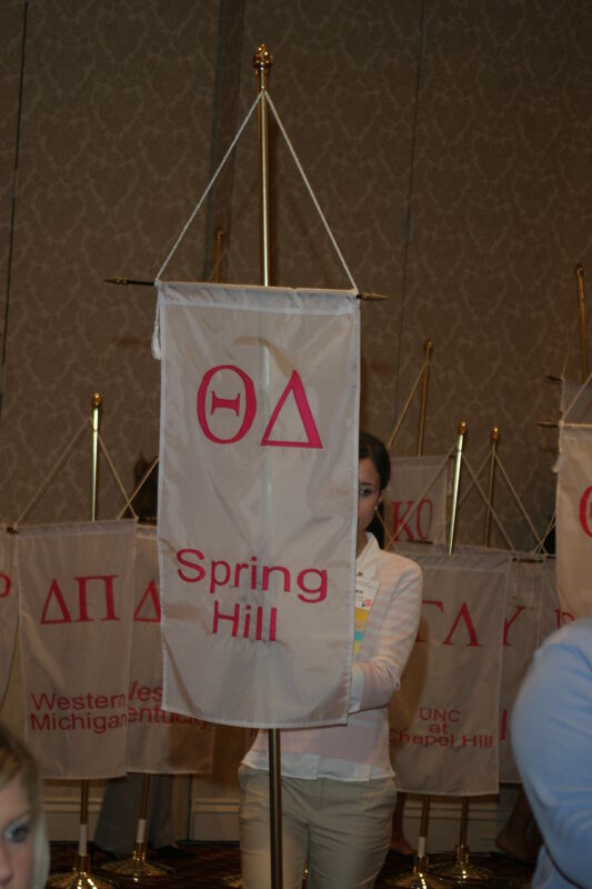 Unidentified Phi Mu With Theta Delta Chapter Banner in Convention Parade of Flags Photograph, July 9, 2004 (Image)