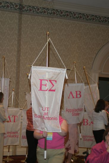 Unidentified Phi Mu With Epsilon Sigma Chapter Banner in Convention Parade of Flags Photograph, July 9, 2004 (image)