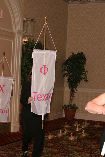 Unidentified Phi Mu With Phi Chapter Banner in Convention Parade of Flags Photograph, July 9, 2004 (image)