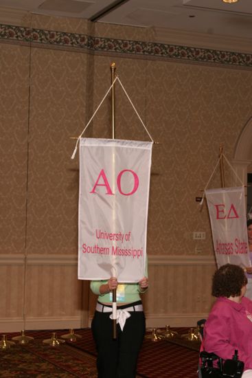 Unidentified Phi Mu With Alpha Omicron Chapter Banner in Convention Parade of Flags Photograph, July 9, 2004 (image)