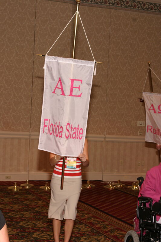 Unidentified Phi Mu With Alpha Epsilon Chapter Banner in Convention Parade of Flags Photograph, July 9, 2004 (Image)