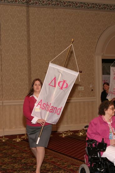 Unidentified Phi Mu With Delta Phi Chapter Banner in Convention Parade of Flags Photograph, July 9, 2004 (image)