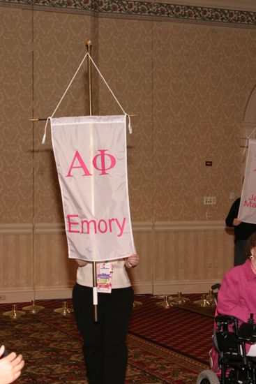 Jennifer Fleming With Alpha Phi Chapter Banner in Convention Parade of Flags Photograph, July 9, 2004 (image)