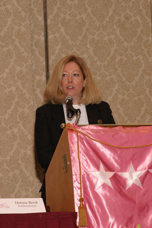 Cindy Lowden Speaking at Convention Parade of Flags Photograph, July 9, 2004 (Image)