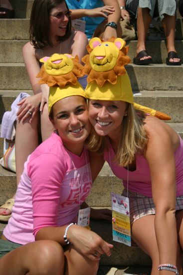 Jess and Liz Sherman Wearing Lion Hats at Convention Photograph 2, July 10, 2004 (image)