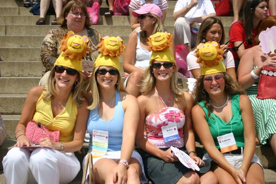 Unidentified, Lindsey, Katie, and Lauren Wearing Lion Hats at Convention Photograph 2, July 10, 2004 (image)