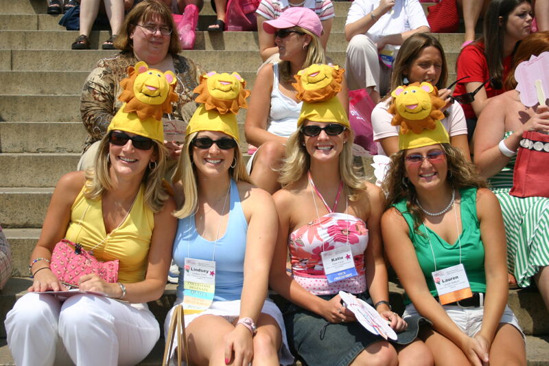 Unidentified, Lindsey, Katie, and Lauren Wearing Lion Hats at Convention Photograph 2, July 10, 2004 (Image)