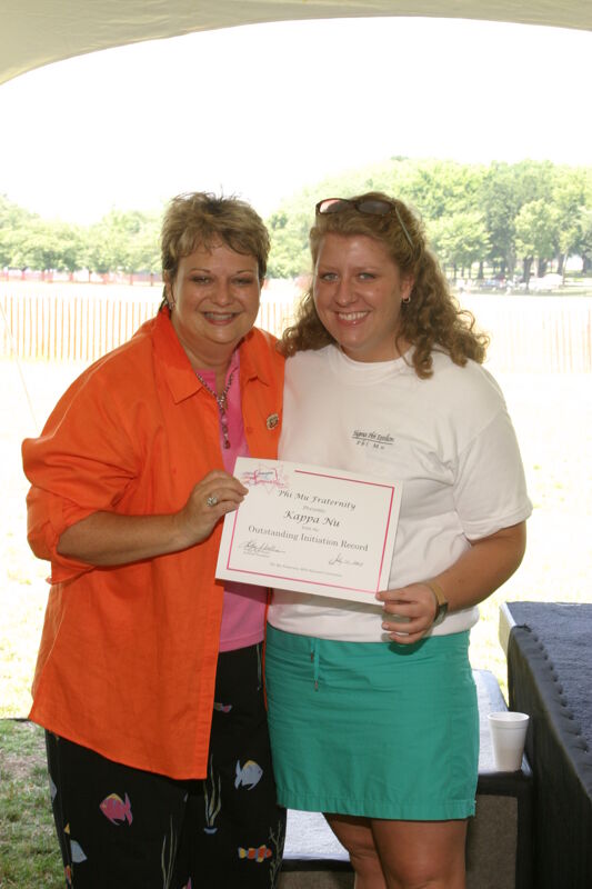 Kathy Williams and Kappa Nu Chapter Member With Certificate at Convention Outdoor Luncheon Photograph, July 10, 2004 (Image)