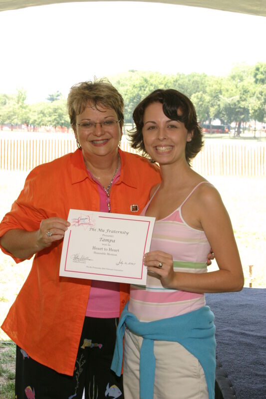 Kathy Williams and Tampa Alumna With Certificate at Convention Outdoor Luncheon Photograph, July 10, 2004 (Image)